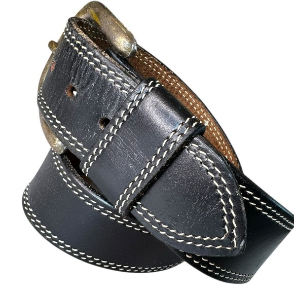 Vintage Royal Coachman Wide Black Genuine Leather Belt Contrast Stitching